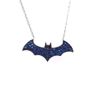 Halloween Deep Blue Sapphire & Sterling Bat Adjustable Necklace with Onyx Eyes
